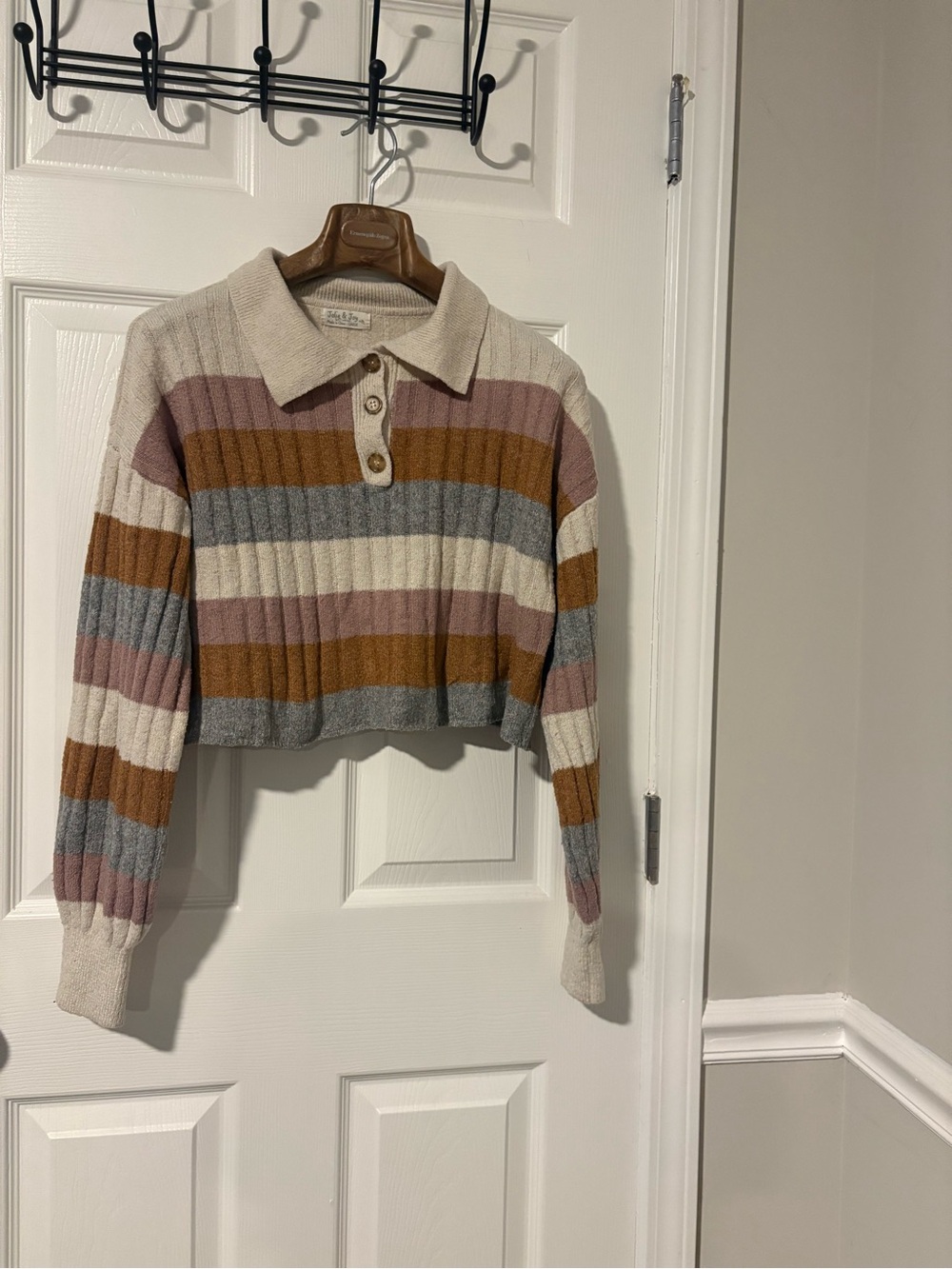 Cropped Ribbed Polo Sweater - Striped Neutral Colors